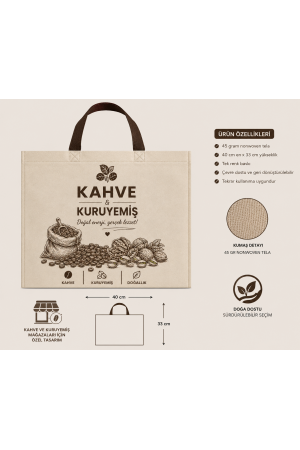 Kahve ve Kuruyemiş Mağazası Bez Çanta 40x33 cm 7 cm Körüklü 2500 Adet Kahve ve Kuruyemiş Mağazası Bez Çanta 40x33 cm 7 cm Körüklü 2500 Adet
