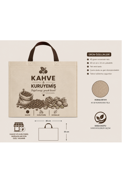 Kahve ve Kuruyemiş Mağazası Bez Çanta 40x33 cm 7 cm Körüklü  2500 Adet