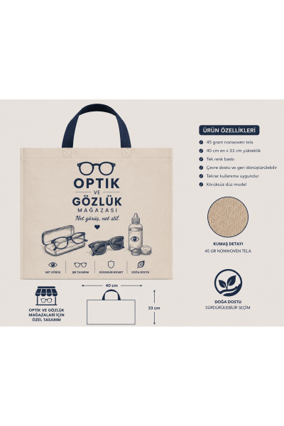 Optik ve Gözlük Mağazası Bez Çanta 40x33 cm 7 cm Körüklü  2500 Adet