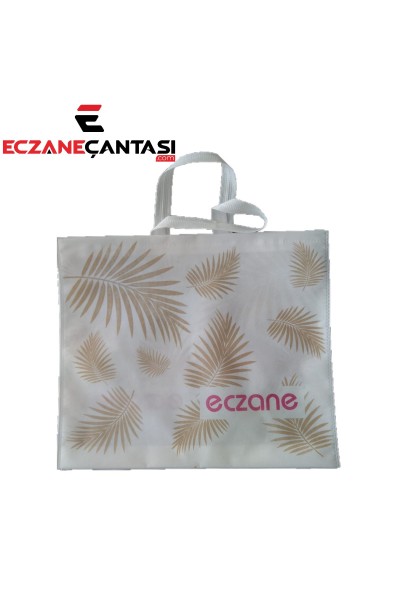 500 Adet Eczane Çantası Yaprak Desen Altın Yaldız Magenta Kulplu Körüklü Büyük Bez Çanta 40x34x7